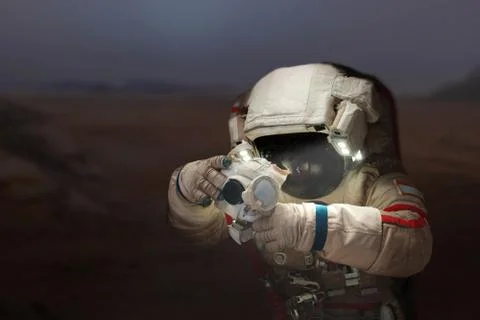 Spaceman with a camera in a space suit on the planet Mars. Astronaut takes pi Stock Illustration