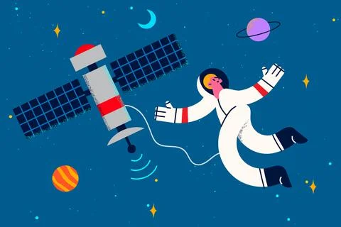 Spaceman in costumer with satellite in open space Stock Illustration