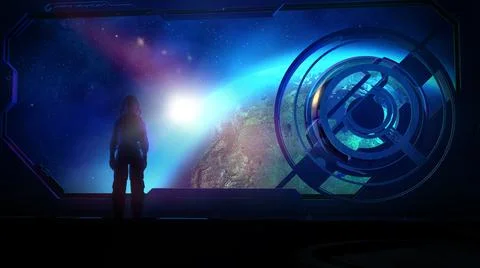 Spaceman of the future in Earth orbit, 3D render. Stock Illustration