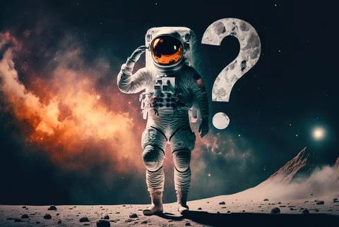 A spaceman holding up a question mark. Generative AI Stock Illustration