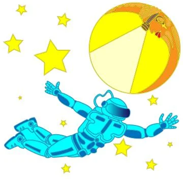 Spaceman looking to infinity on crescent moon. Stock Illustration