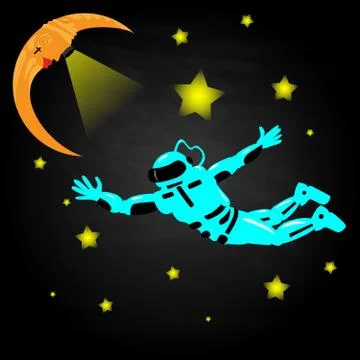 Spaceman looking to infinity on crescent moon. Stock Illustration