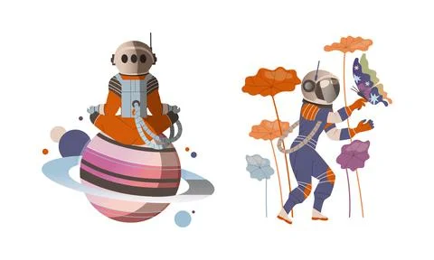 Spaceman or Astronaut Man Character in Space Suit on the Moon Watching Flora and Stock Illustration