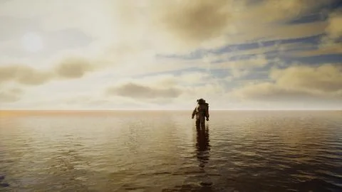 Spaceman in the sea under clouds at sunset Stock Illustration
