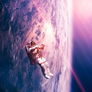 Spaceman in space with planet earth in the background. Vibrant pink and blue Stock Illustration