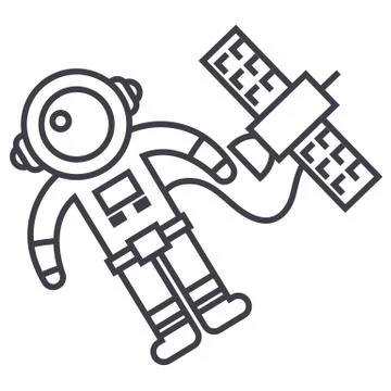 Spaceman in space with spaceship vector line icon, sign, illustration on Stock Illustration