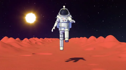 Spaceman in spacesuit run with low gravity on Mars surface front view Stock Footage 134629874