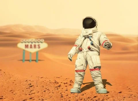 Spaceman walks on the red planet Mars. Space Mission. Welcome to Mars sign. A Stock Illustration