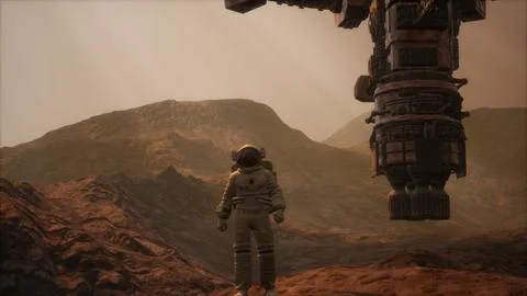 Spaceman walks on the red planet Mars. Space Mission Stock Illustration