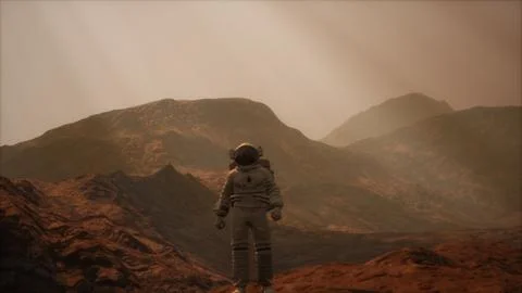 Spaceman walks on the red planet Mars. Space Mission Stock Illustration