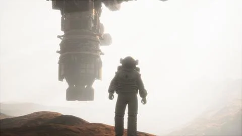 Spaceman walks on the red planet Mars. Space Mission Stock Illustration