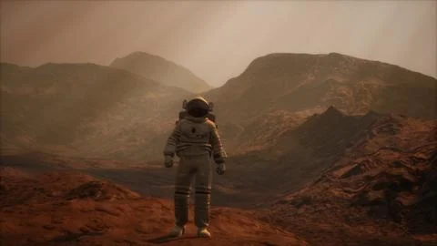 Spaceman walks on the red planet Mars. Space Mission Stock Illustration