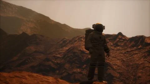Spaceman walks on the red planet Mars. Space Mission Stock Illustration