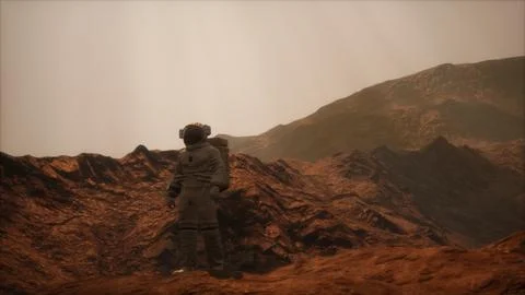Spaceman walks on the red planet Mars. Space Mission Stock Illustration