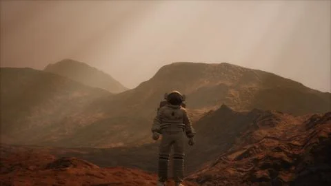 Spaceman walks on the red planet Mars. Space Mission Stock Illustration