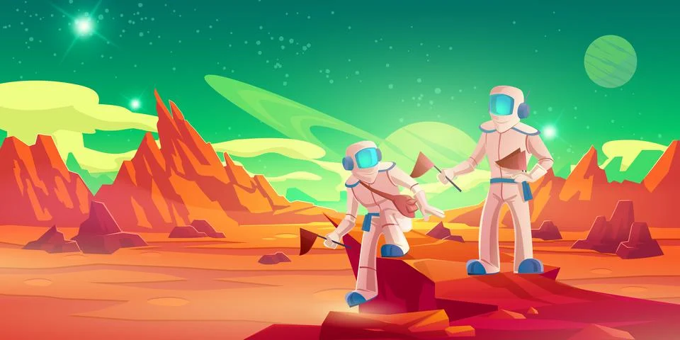 Spacemen with flags walking on Mars surface Stock Illustration