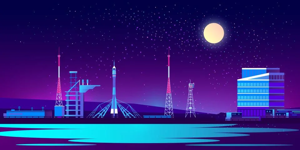 Spaceport, base at night with rocket Stock Illustration