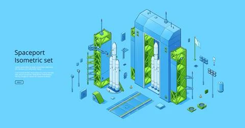 Spaceport isometric set with rocket on cosmodrome Stock Illustration