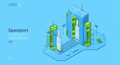 Spaceport isometric set with rocket on cosmodrome Stock Illustration