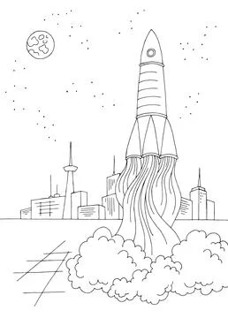 Spaceport launch a rocket exterior graphic vertical sketch illustration vector Illustrazione stock