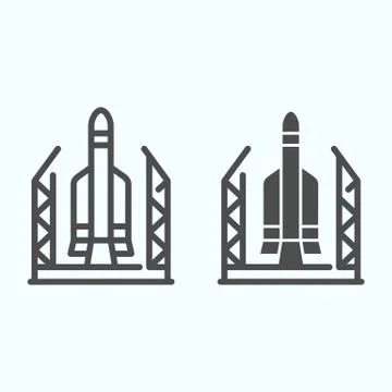 Spaceport line and solid icon. Base for spacecraft with rocket launch. Space Stock Illustration