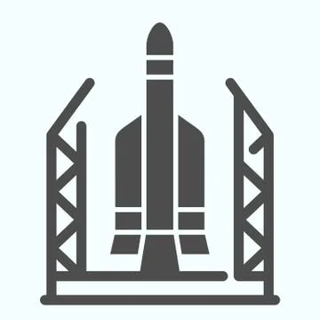 Spaceport solid icon. Base for spacecraft with rocket launch. Space exploration Ilustración de archivo