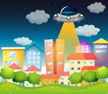 A spaceship above the buildings Ilustración de archivo