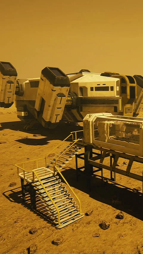 Spaceship on alien planet surface near research facility 스톡 동영상 332222694