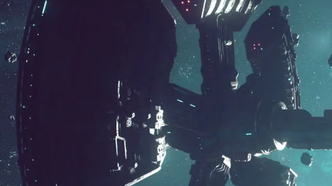 Spaceship and asteroids in outer space during a nighttime scene Stock Footage 345043164