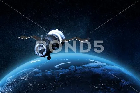 Spaceship and the Earth on the background. Elements of this image furnished by Stock Illustrationen