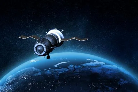 Spaceship and the Earth on the background. Elements of this image furnished by Stock Illustration