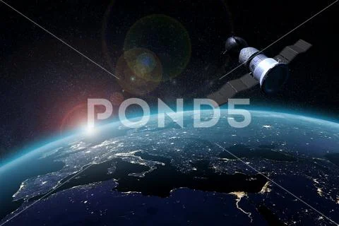Spaceship and the Earth on the background. Elements of this image furnished by Stock Illustrationen