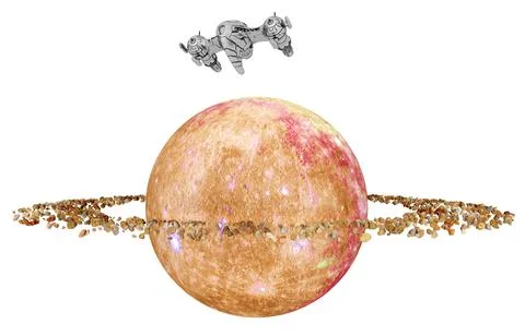 Spaceship and planet with a ring system in a distant world Stock Illustration