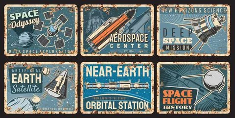 Spaceship and satellite rusty vector plates, space Illustrazione stock