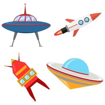 Spaceship and UFO set vector cartoon illustration rocket space ships isolated Stock Illustration