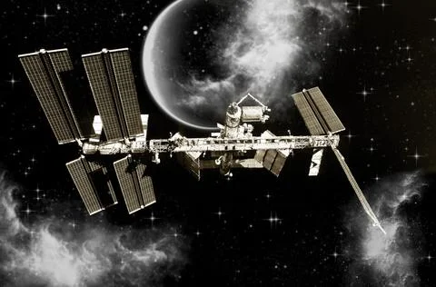 A spaceship is approaching an unknown planet. Space odyssey concept Stock Photos