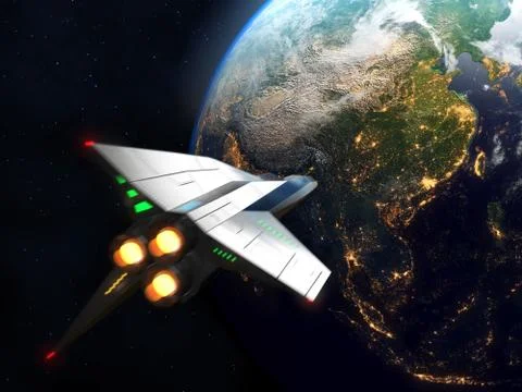 Spaceship arrives to Earth. Elements of this image furnished by NASA. Stock Illustration