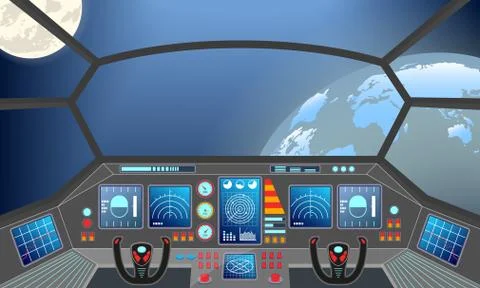 Spaceship cabin interior. Space background with planets: earth and moon. Stock Illustration