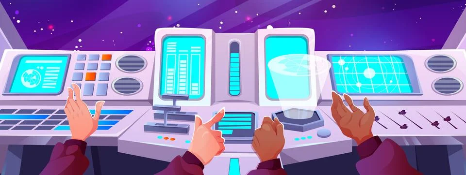 Spaceship cockpit with hands on control panel. Stock Illustration