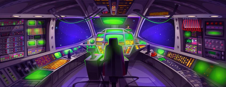 Spaceship cockpit interior with control panel Illustrazione stock