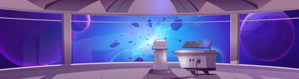 Spaceship cockpit interior with control panels Illustrazione stock