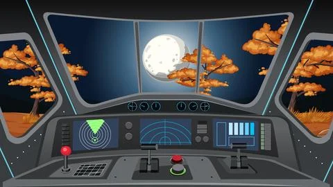 Spaceship Cockpit Interior View Overlooking Full Moon and Night Landscape Stock Illustration