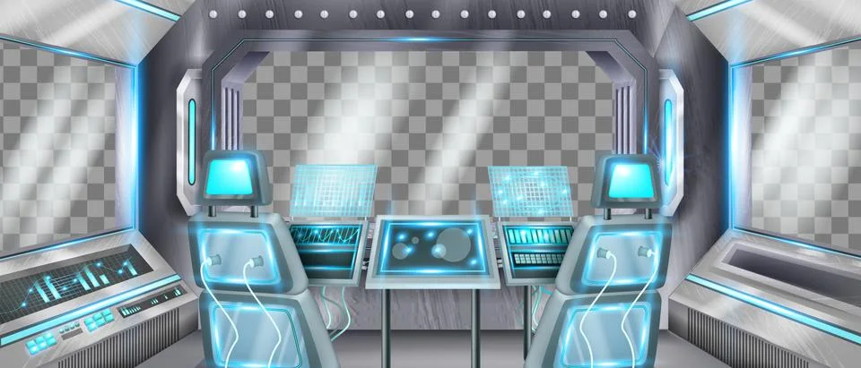 Spaceship cockpit vector background, space shuttle futuristic interior Stock Illustration