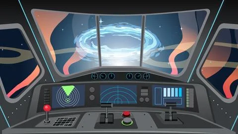 Spaceship Cockpit Vector Illustration Facing a Glowing Blue Wormhole Stock Illustration