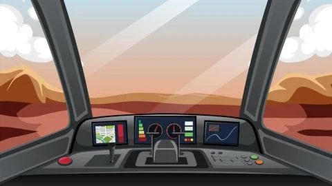 Spaceship Cockpit View Overlooking a Red Desert Planet Surface Stock Illustration