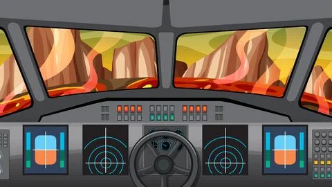 Spaceship Cockpit View Overlooking Volcanic Alien Planet Landscape Stock Illustration