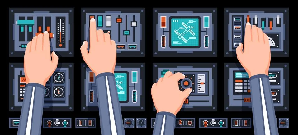 Spaceship control panel with hands of pilots Stock Illustration