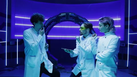 Spaceship crew developing research of scientific technologies Stock Footage 239402873