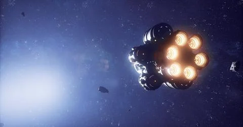Spaceship cruising through the vastness of outer space with nearby asteroids Stock Illustration