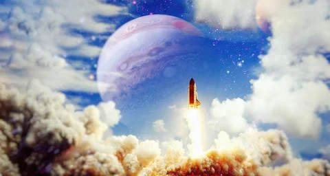 Spaceship in deep space.  Dark space with stars on background. Elements of .. Foto stock